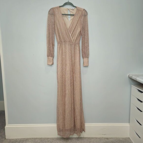 Baltic Born Pink Champagne Sheer Metallic Glitter Sparkle Maxi Gown Dress XS - Picture 2 of 11